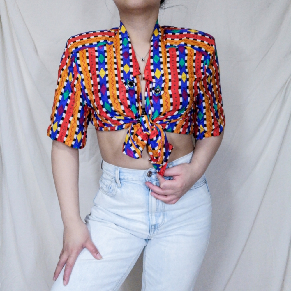 80s 90s Silk Vintage Vibe Retro Print Button Short Sleeve Top